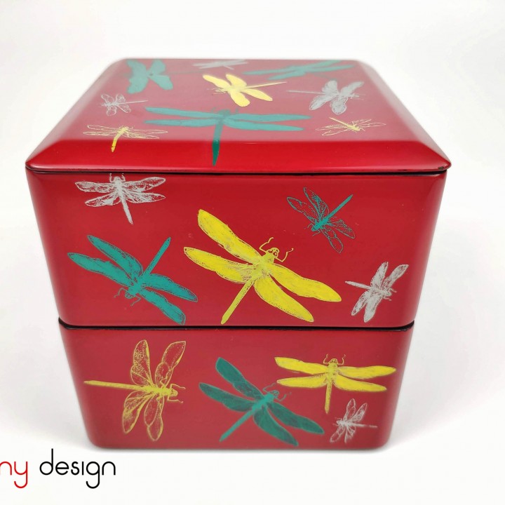  2-tier square red box with hand painted dragonfly 12xH12cm